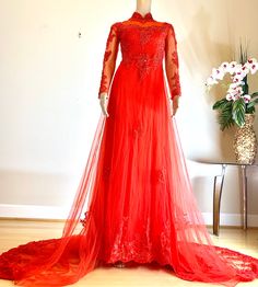 Brand New High Quality Vietnamese Wedding Ao Dai with Red Pants. Fast/Free Priority shipping (1-3 days delivery) via USPS. SizeBust/ChestWaist XS 30in76cm 25in/64cm S32in/81cm27in/69cm M33in/84cm28in/71cm L35in/89cm30in/76cm XL36in/91cm31in/79cm 2XL37in/94cm32in/81cm 3XL38in/97cm33in/84cm 4XL39in/99cm34in/86cm 5XL40in/102cm35in/89cm 6XL41in/104cm36in/91cm 7XL42in/107cm39in/99cm 8XL44in/112cm41in/104cm Ao Dai Length is 59in Please provide Bust, Waist, and Hip measurements as well as Arm Circumfer Wedding Ao Dai With Intricate Embroidery, Lace Ao Dai For Wedding, Fitted Wedding Ao Dai With Intricate Embroidery, Floor-length Fitted Wedding Dress With Intricate Embroidery, Fitted Floor-length Wedding Dress With Intricate Embroidery, Red Fitted Full-length Ao Dai, Fitted Red Dress For Wedding Night, Red Fitted Dress For Wedding Night, Fitted Wedding Dress With Long Train For Ceremony