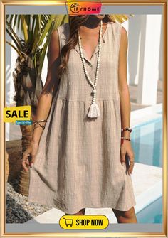 Sleeveless Cotton Crew Neck Women Dress Beige Sleeveless Maxi Dress For Summer, Beige Sleeveless Sundress For Beach Season, Casual Sleeveless Beige Dress For Summer, Casual Beige Sleeveless Summer Dress, Beige Sleeveless Dress For Beach Season, Beige Sleeveless Mini Dress For Day Out, Beige Shift Mini Dress For Summer, Beige Sleeveless Maxi Dress For Vacation, Beige Sleeveless Mini Dress For Summer