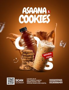 an advertisement for cookies and iced coffee on a brown background with the words asanana & cookies