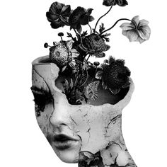 a woman's head with flowers in it