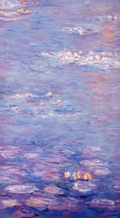 a painting of water lillies floating on top of a body of water with pink and blue colors