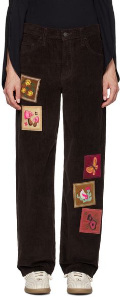 Loose-fit and straight-leg upcycled cotton corduroy trousers. · Mid-rise · Belt loops · Four-pocket styling · Zip-fly · Embroidered graphic patches at legs · Logo patch at back waistband · Logo flag at back pocket Supplier color: Tobacco brown Patch Pants, Corduroy Trousers, Clothing Inspiration, Anna Sui, Embroidery Inspiration, Bottoms Pants, Patch Logo, Apparel Accessories, Womens Bottoms