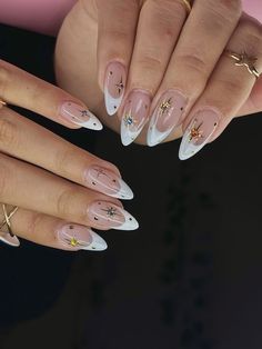 French With Gems Nails, French Top With Gems, Almond French With Gems, French Tip Gems Nails, White Nail Designs With Rhinestones, French Acrylic Nails With Rhinestones, French Tip Nails Different Colors, French Tip Unique, Gem French Tip Nails