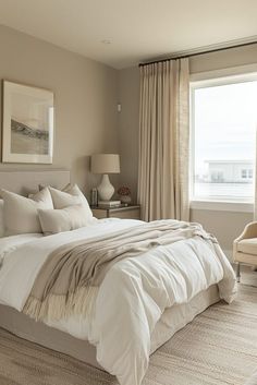 a bedroom with a large bed and two chairs in front of a window that overlooks the ocean