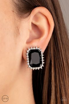 Paparazzi Insta Famous Black Clip-On Earrings Bedazzled Jewelry, Insta Famous, Emerald Style, Black Gems, Famous Black, Paparazzi Accessories, White Rhinestone, Black Earrings, Paparazzi Jewelry