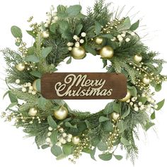 a christmas wreath with the words merry christmas written on it and gold baubies