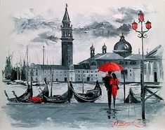 a painting of two people holding umbrellas in front of gondolas and buildings