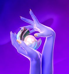 two hands holding an object in front of a purple background