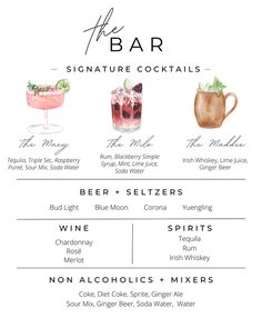 the bar menu with drinks and cocktails on it, including two different types of beverages