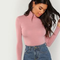 Pink Turtleneck Long Sleeve T-Shirt Blouse - Uniqistic.com Pink Turtleneck, Turtleneck T Shirt, High Neck Designs, Turtleneck Shirt, Turtleneck Long Sleeve, Streetwear Tshirt, Womens Long Sleeve Shirts, Evening Wear, Women Long Sleeve