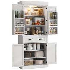 an open cabinet filled with lots of food