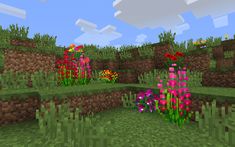 an image of a flower garden in the minecraft style with pink and red flowers