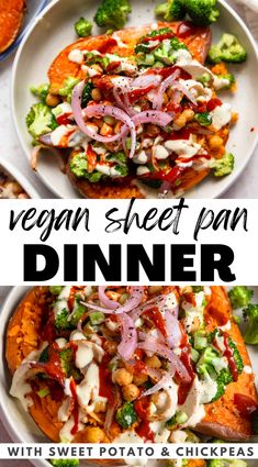 this vegan sheet pan dinner is loaded with sweet potato, broccoli and chickpeas