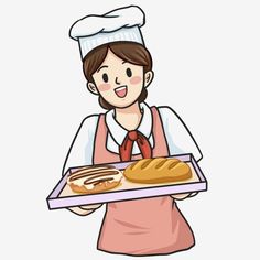 a woman in an apron holding a tray with bread