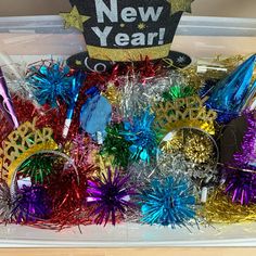 new year's party decorations in a plastic container