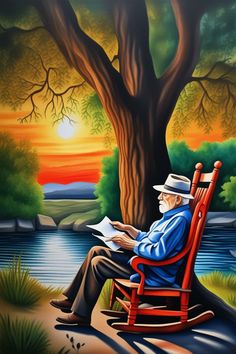 an old man sitting in a red rocking chair reading a book under a tree by the water