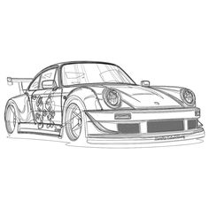 a drawing of a sports car with skulls on the hood