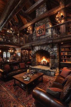 a living room filled with furniture and a fire place in the middle of a room