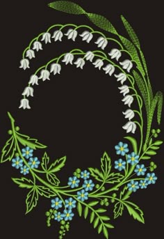 the embroidery design is done with white flowers and green leaves on a black fabric background