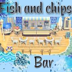 a fish and chips bar is shown with the words, fish and chips on it