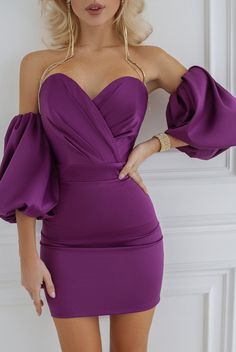 Mini Prom Dress, White Fuchsia, Satin Bodycon Dress, Mini Prom Dresses, Off Shoulder Fashion, Bandeau Dress, Puff Sleeve Dresses, Sleeve Detail, Purple Dress