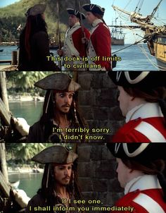 captain jack sparrow and his friends are talking to each other in the movie pirates cove