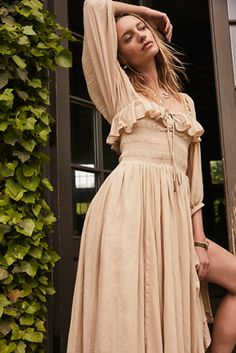 Oasis Midi Dress | Free People Faire Outfit, Volume Sleeves, Outfit 2023, Oasis Dress, Ruffled Neckline, Stretchy Tops, Cotton Midi Dress, Puffy Sleeves, Mid Length Dresses