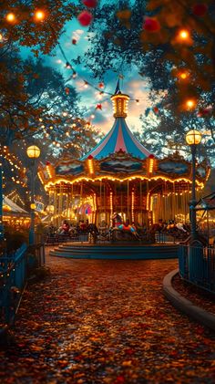 an amusement park at night with lights on the carousel