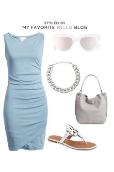 Light Blue Halter Neck Dress For Beach Season, How To Dress Up A T-shirt Dress, Light Pink Blazers, Wrap Dress Styles, Blogger Street Style, Transition Outfits, Black Accessories, Stitch Fix Outfits, Summer Dress Outfits