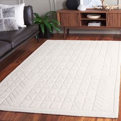 a living room with a couch, coffee table and white rug on the hardwood floor