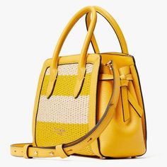 Kate Spade $298 K7711 Knott Striped Straw Mini Satchel Morning Light Multi Nwt! Product Details 10"H X 9.5"W X 4"D Handle Drop: 3" Strap Drop: 22" Straw With Pebbled Leather Trim Textured Pvc Lining Pinmount Logo Satchel With Open Top And Dog-Clip Closure Interior Snap Pocket Interior Zip Pocket Optional (And Adjustable) Crossbody Strap Fits Current Iphone Imported Style No. K7711-1 Yellow Top Handle Bag For Spring, Yellow Luxury Bag For Spring, Yellow Luxury Spring Bag, Luxury Yellow Spring Bag, Yellow Leather Bag For Summer, Yellow Leather Bag For Spring, Spring Yellow Leather Bags, Yellow Kate Spade Travel Bag, Yellow Kate Spade Shopping Bag