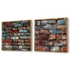 two pieces of art hanging on a wall next to each other, one is made out of bricks