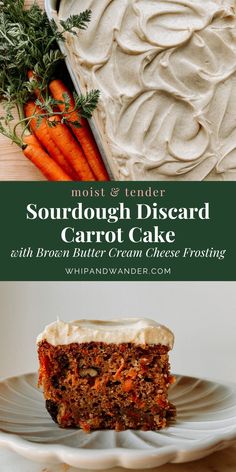 carrot cake with cream cheese frosting on top and carrots in the background next to it