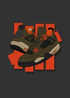 a pair of sneakers with an orange and black background