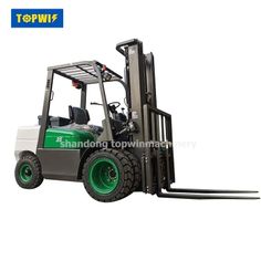 a forklift is shown with green wheels and black rims on the front end