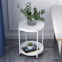 a white table with a potted plant on it