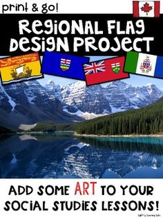 an advertisement for the art to your social studies lessons program, with flags and mountains in the background