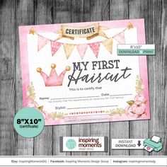 a pink and gold first birthday certificate with buntings on the front, and an image of a princess crown