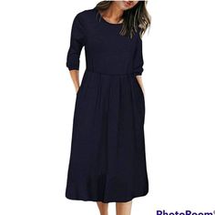 Merokeety Women's 3/4 Balloon Sleeve Solid Navy Blue High Waist T-Shirt Midi Dress With Pockets Plus Size 2xl. Balloon Sleeve, Round Neckline, Classic Stripes, Elastic Waist, Casual Style, About Knee Length. This Dress Also Features 3 4 Sleeves And Pockets On Each Side For A Practical And Chic Look! This Gorgeous Dress Is Perfect For Strolling Downtown In Style! Featuring A Wonderfully Cozy Material In A Lovely Solid Navy Blue, It's A Stylish Look For Pairing With Berets In The Winter Or Hats On A Breezy Spring/Fall Day! 95% Polyester5% Spandex New With Tags. No Flaws. Please See The Pictures For Details As They Are Part Of The Description. You Will Also Find The Approximate Measurement Midi Outfits, T Shirt Midi Dress, Shirt Midi Dress, 4 Balloon, Midi Dress With Pockets, Travel Dress, Striped Midi Dress, Midi Dress Casual, Pocket Dress