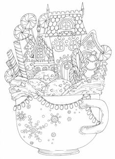 a cup full of candy and candies with a house in the background coloring page