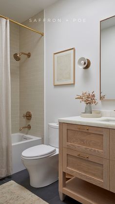 a white toilet sitting next to a bath tub under a bathroom mirror above a sink