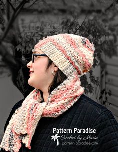 a woman wearing a hat and scarf in front of a tree with the words pattern paradise written on it