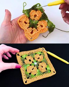 crocheted granny granny square being worked on by two hands, and another hand holding a yellow crochet hook