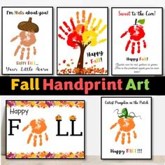 four handprint art cards with the words happy fall