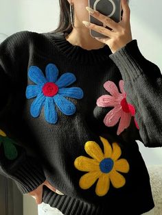 TAVIMART - Autumn Knitted Women Sweater Sweet Flower Loose Long Sleeve O-neck Female Pullovers 2025 New Casual Loose Ladies Tops Streetwear Loose Long Sleeve, Knitted Flowers, White C, Black B, Top Streetwear, Ladies Tops, Women Sweater, Women Pullover, Cardigans For Women