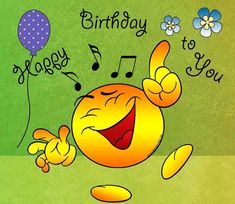 an image of a happy birthday to you cartoon character with balloons and flowers in the background