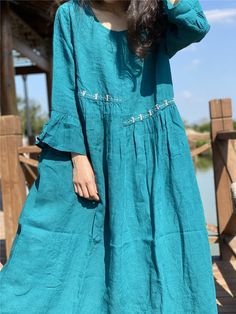 Linen flare sleeve dress long dress Cocktail party dress | Etsy Green Cotton Half Sleeve Dress, Bohemian Green Dress With Half Sleeves, Green Long Sleeve Cotton Midi Dress, Casual Green Dresses With 3/4 Sleeves, Casual Green Dress With 3/4 Sleeves, Womens Linen Dresses, Dresses Large Size, Dress Cocktail Party, Sparkly Outfits