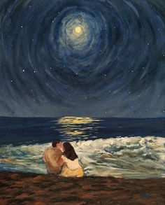 a painting of two people sitting on the beach watching the stars in the night sky