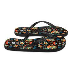 Inspired by the flowery and colorful designs the Otomi people used in their embroideries, these bold design flip flops have everything you need to wander in style this summer. Your friends' eyes will pop out at the sight of them! Prepare for an adventurous and carefree summer with a pair of these original slippers. The rubber sole is lined with a soft fabric to make sure you feel comfortable wherever your day takes you. • Made to order. • Mexican Otomi design is printed on material • Rubber sole Fun Black Flip Flops For Beach, Fun Black Flip Flops For Vacation, Fun Multicolor Beach Flip Flops, Adjustable Fun Flip Flops For Beach, Multicolor Open Toe Flip Flops For Swimming, Tropical Open Toe Flip Flops For Swimming, Fun Black Flip Flops For Summer, Multicolor Flip Flops For Beach Season, Multicolor Flip Flops For Poolside And Beach Season