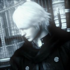 an anime character with white hair and black clothes standing in front of a caged area